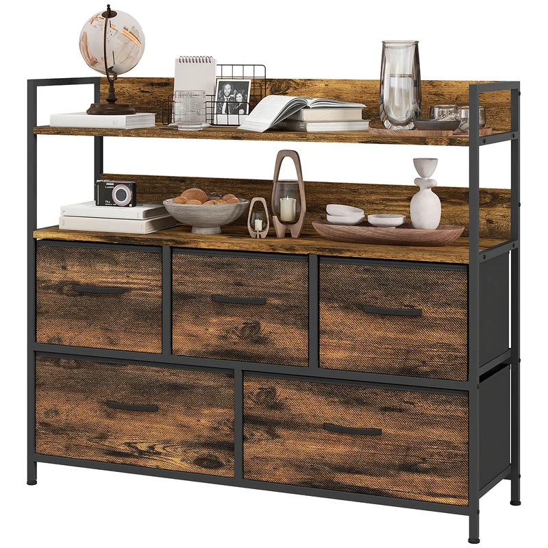 Commode rangement 98 x 29 x 85 cm 5 tiroirs pliants pieds réglables effet bois industriel rustique en polyester brun 21_0001600