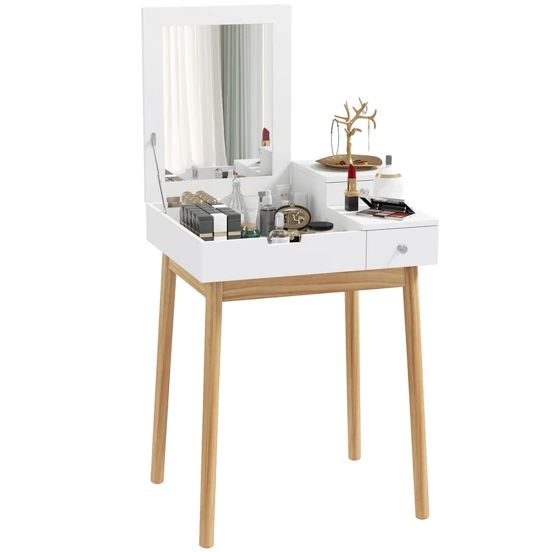 Coiffeuse compacte transformable en bureau 60 x 50 x 85.5 cm miroir rabattable 2 tiroirs rangement moderne en MDF blanc 21_0001420