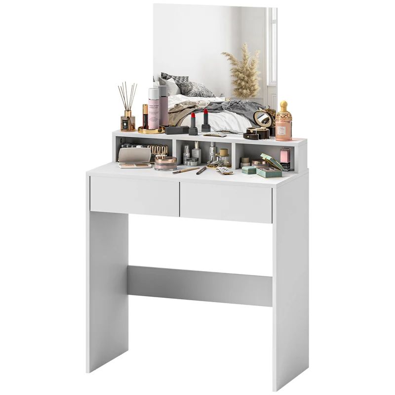 Coiffeuse meuble de maquillage 75 x 38 x 135 cm grand miroir 2 tiroirs rangement moderne en panneau de particules blanc 21_0001653