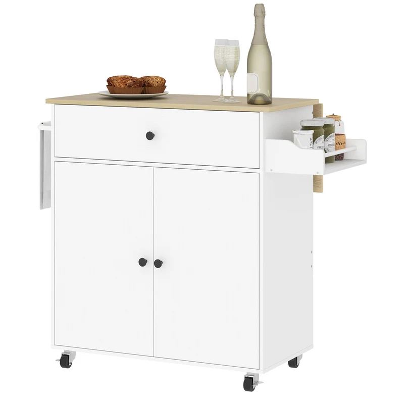 Desserte de cuisine îlot sur roulettes 106 x 42 x 87 cm tiroir plan rabattable style contemporain épuré en MDF blanc 21_0001046