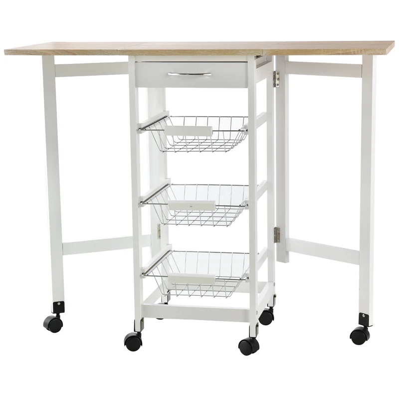 Desserte pliable cuisine 97 x 37 x 77 cm rangement modulable tiroir coulissant 3 paniers scandinave épuré en MDF blanc 21_0000994