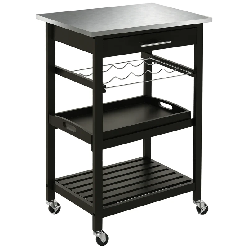Desserte de cuisine roulante 60 x 40 x 85 cm rangements multiples roulettes freins style épuré contemporain en bois noir 21_0000993