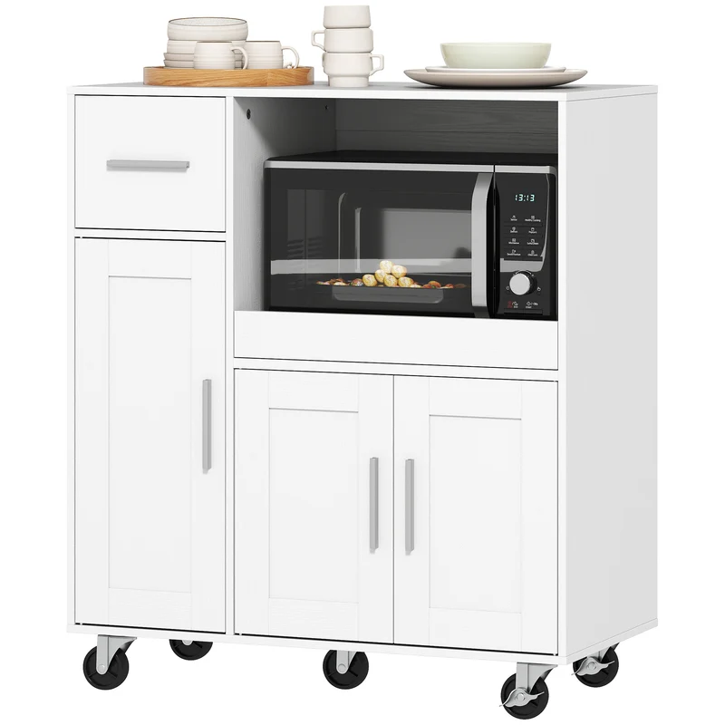 Desserte cuisine à roulettes 80 x 40 x 88,7 cm plateau coulissant gain de rangement contemporain pratique en MDF blanc 21_0003361