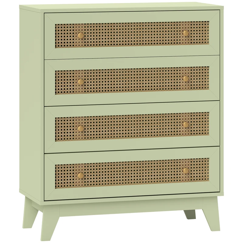 Commode 4 tiroirs façades cannées 80 x 35 x 95 cm rangement sécurisé anti basculement style scandinave cosy en MDF vert 21_0001534