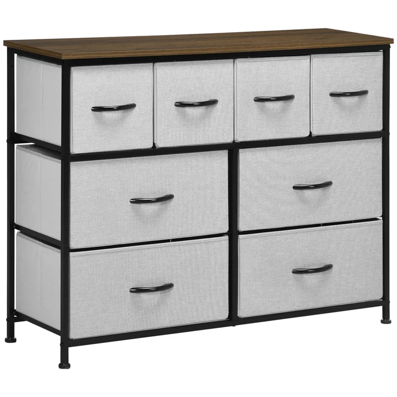 Commode 8 tiroirs rangement 100 x 30 x 78 cm gain de place anti-renversement classique épuré en tissu non tissé gris 21_0005840