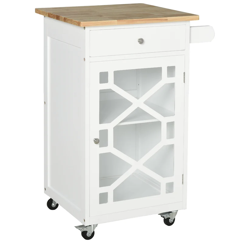 Desserte de cuisine à roulettes 63 x 45 x 86 cm avec tiroir et porte serviettes style contemporain en bois de pin blanc 21_0001006