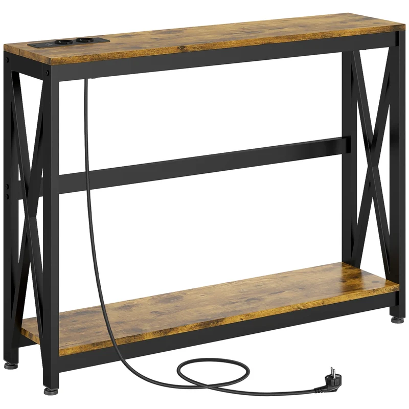 Console d'entrée 100 x 24 x 75 cm prises et usb intégrés 2 niveaux industrielle compacte en panneau de particules marron 21_0002704