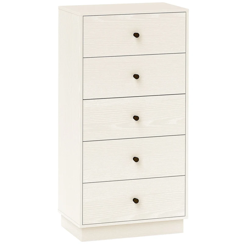 Commode 5 tiroirs haute et étroite 47 x 29 x 95 cm gain de place sécurisé moderne épuré en panneau de particules crème 21_0001666