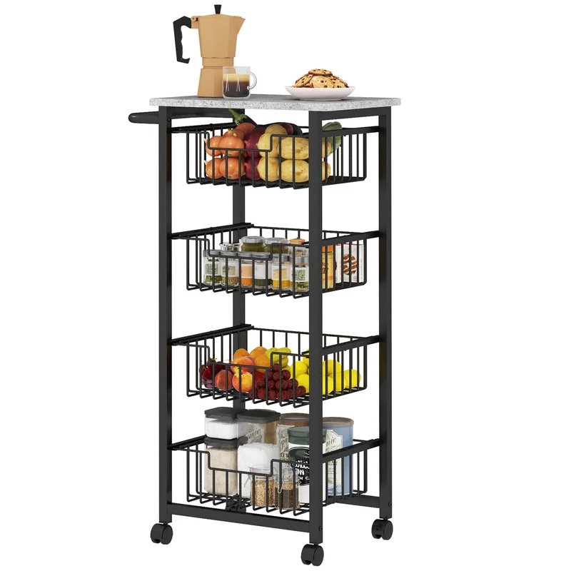 Desserte de cuisine 4 niveaux 49.5 x 31 x 91 cm avec plateau à roulettes dont 2 avec frein utile épuré en MDF gris clair 21_0001049