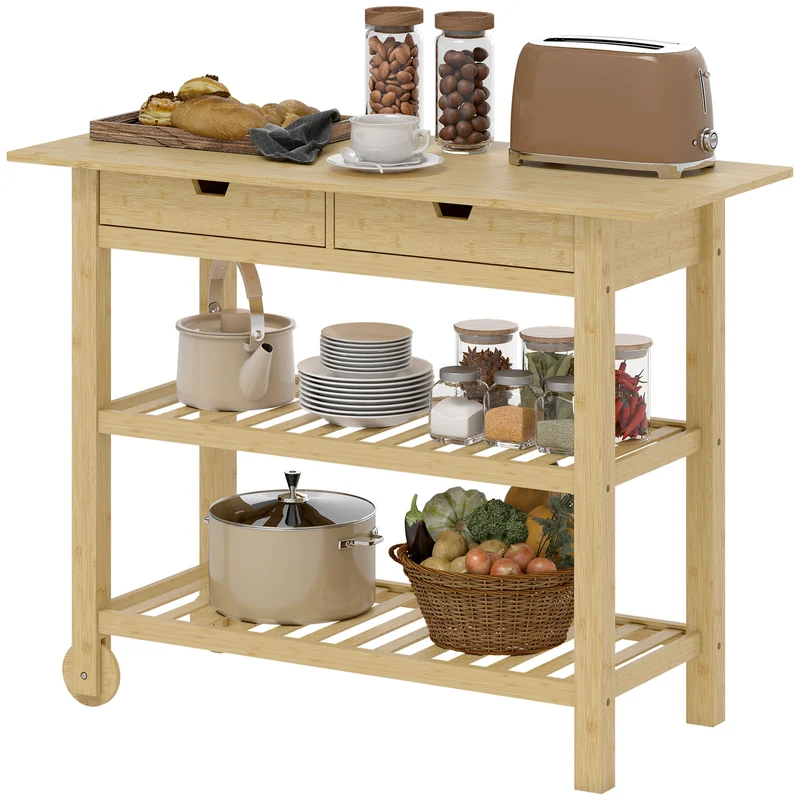 Desserte de cuisine 100 x 43 x 75 cm rangement 2 tiroirs 2 étagères à roulettes scandinave épuré utile en bambou naturel 21_0001061