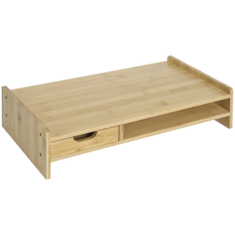 Support d'écran bureau 49 x 25.5 x 11.5 cm rangement tiroir espace clavier coins polis scandinave en bambou bois naturel 21_0006125