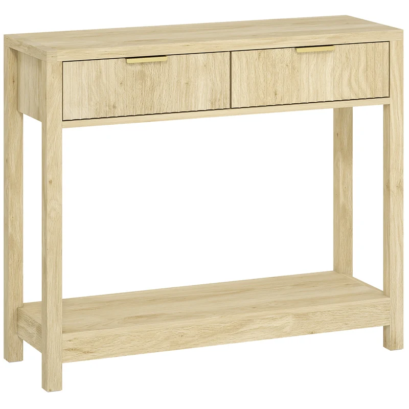 Console étroite couloir 90 x 30 x 76 cm 2 tiroirs et étagère ouverte rangement style moderne épuré en MDF bois naturel 21_0002771