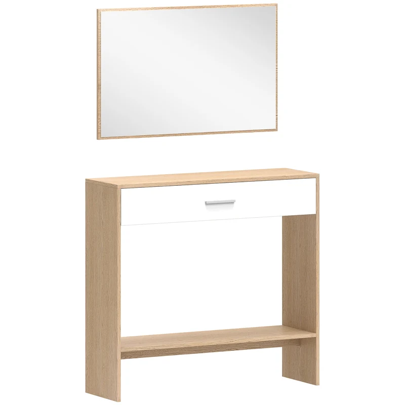 Console d'entrée 91.5 x 27.9 x 85.5 cm avec tiroir étagère miroir séparé compact moderne en panneau de particules chêne 21_0002817