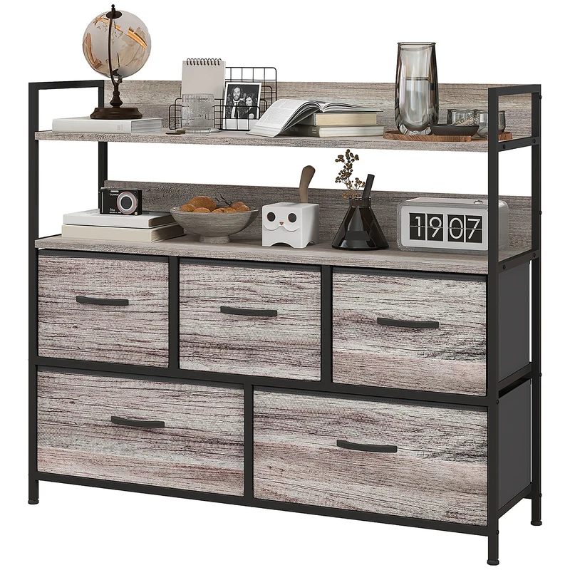 Commode de rangement 5 tiroirs 98 x 29 x 85 cm tiroirs amovibles anti basculement style industriel en polyester gris 21_0001599