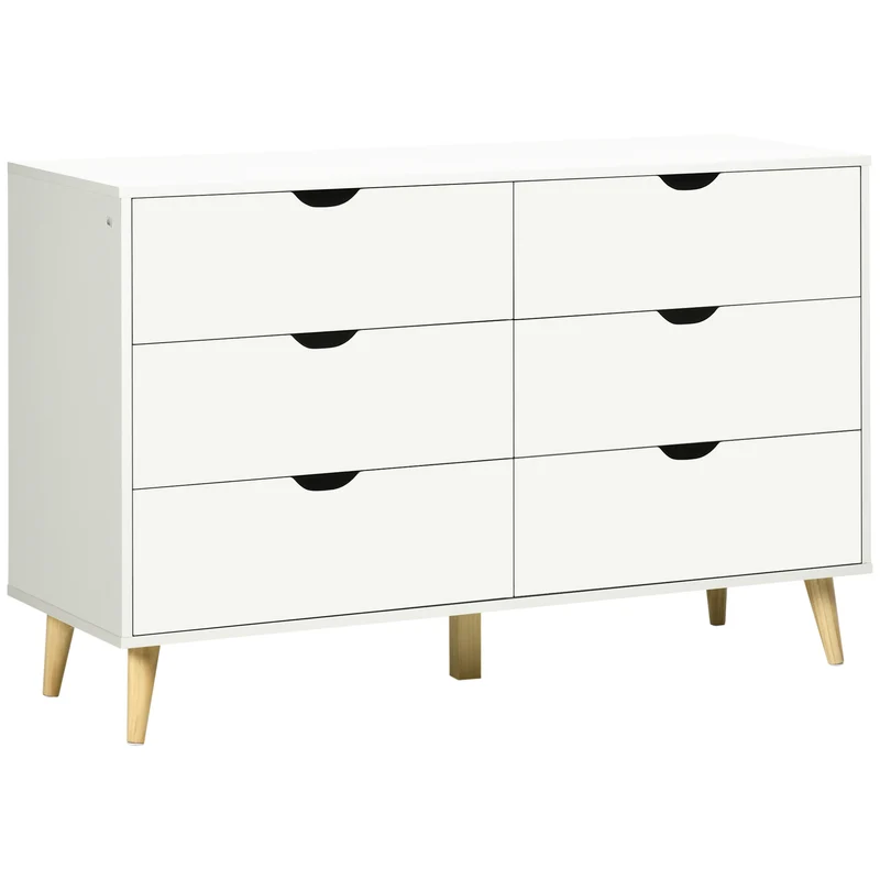 Commode 6 tiroirs chambre 120 x 40 x 76 cm tiroirs spacieux plateau design scandinave épuré en bois d'ingénierie blanc 21_0001529