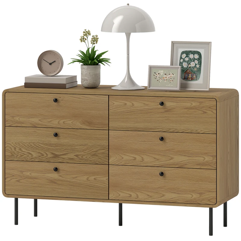 Commode 6 tiroirs chambre 120 x 40 x 75 cm rangement spacieux sécurité anti-basculement moderne scandinave en MDF chêne 21_0003747