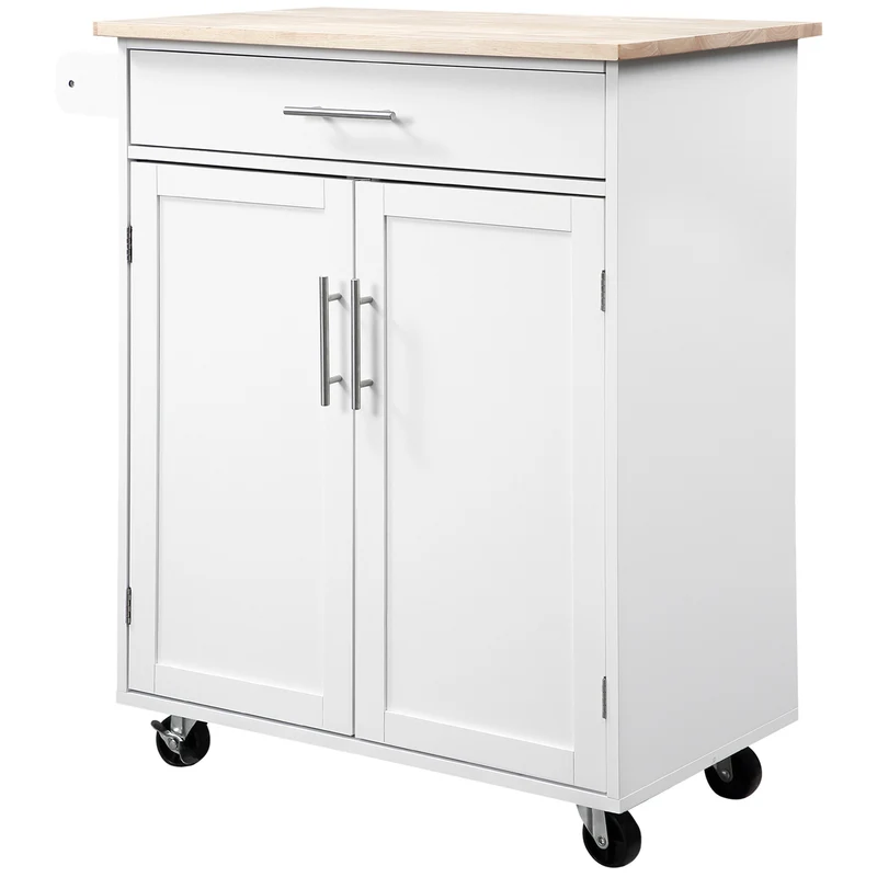 Desserte de cuisine 83 x 45 x 91.5 cm tiroir placard porte-torchons 4 roulettes 2 freins moderne épuré en MDF blanc 21_0000985