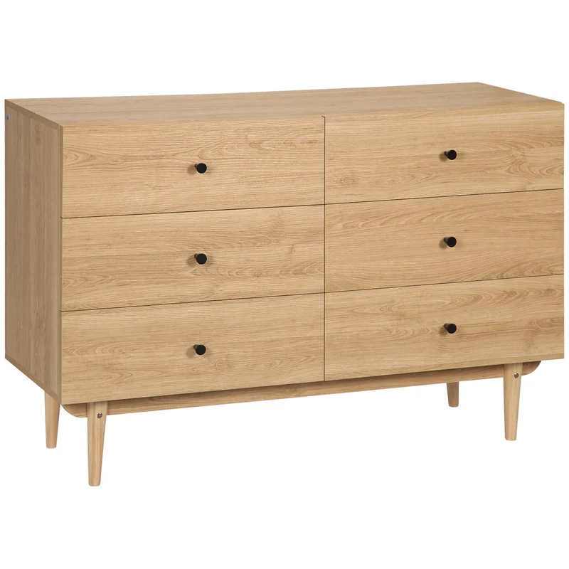 Commode 6 tiroirs 120 x 40 x 80 cm grand plateau anti-basculement style épuré en panneau de particules marron clair 21_0001539