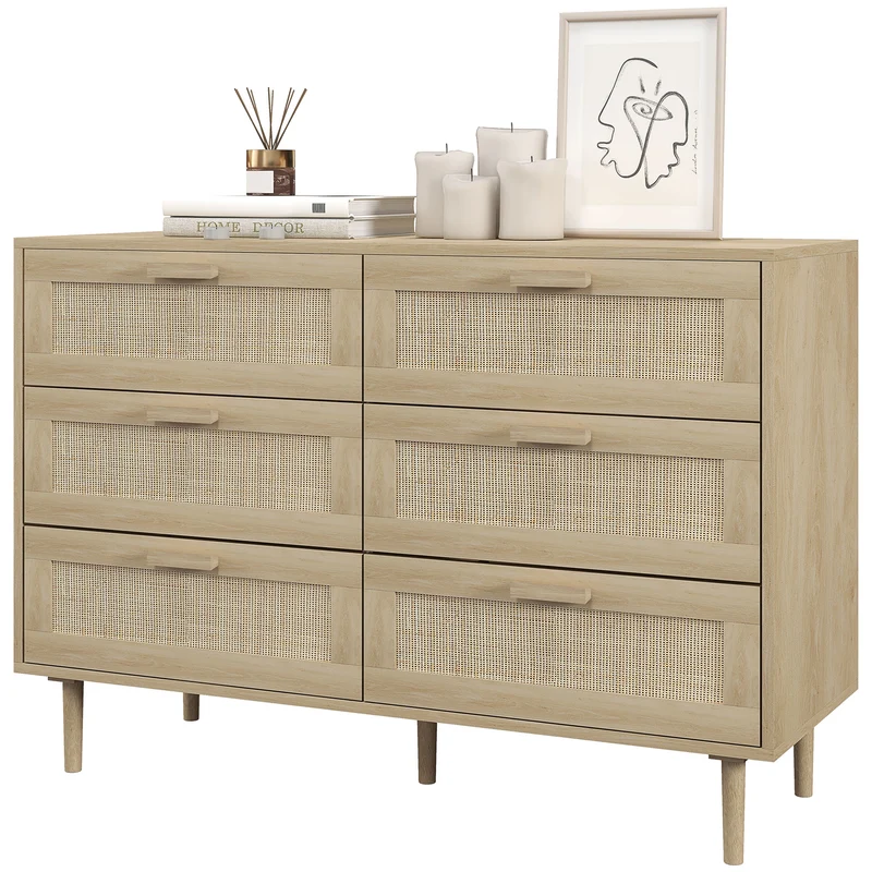 Commode compacte 6 tiroirs 110 x 40 x 75 cm façades cannage anti-basculement style scandinave cosy en rotin bois clair 21_0001585