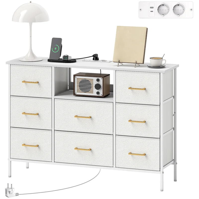 Commode 8 tiroirs 110 x 30 x 76 cm prises usb et type-c intégrées gain de place moderne épuré en tissu bouclette crème 21_0001669
