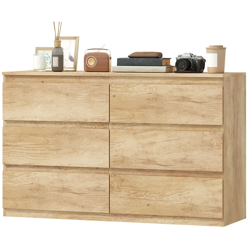 Commode de rangement 120 x 39 x 75 cm 6 tiroirs gain de place design minimaliste finition brillante chambre en MDF chêne 21_0001571