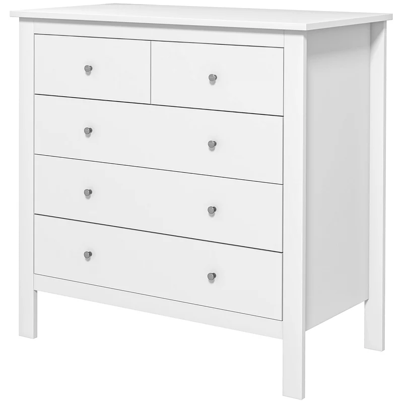 Commode 5 tiroirs rangement chambre 79 x 39,5 x 80,5 cm ouverture silencieuse poignées rétro stable vintage en MDF blanc 21_0001440