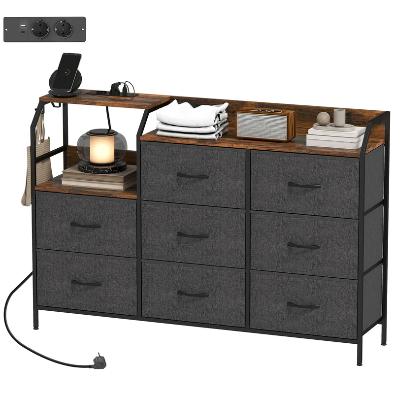 Commode de rangement avec station de recharge 130,5 x 30 x 88 cm 8 tiroirs plateau superposé rustique en bois marron 21_0003778