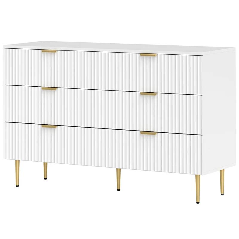Commode 6 tiroirs chambre 120 x 40 x 76,5 cm grande capacité anti-basculement moderne finitions dorées en MDF blanc 21_0001644