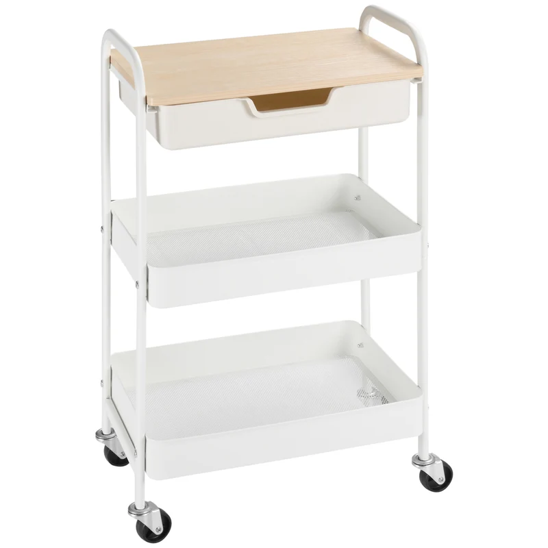 Desserte de cuisine chariot 43.9 x 30.5 x 75.6 cm compacte 2 étagères tiroir roulettes contemporain épuré en acier blanc 21_0005808