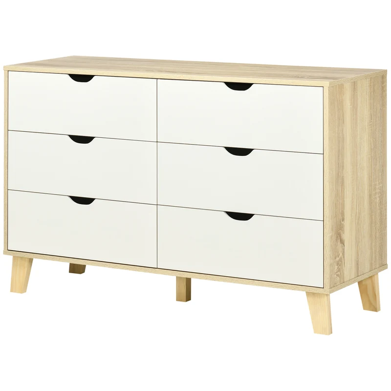 Commode 6 tiroirs 120 x 40 x 76 cm spacieux sécurité anti basculement scandinave moderne en panneau de particules blanc 21_0001528