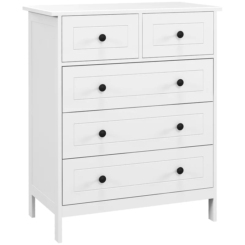 Commode 5 tiroirs rangement chambre 74 x 40 x 91 cm gain de place anti basculement design épuré compact en MDF blanc 21_0001578