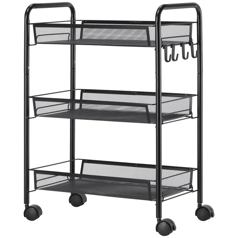 Chariot de rangement 3 niveaux cuisine 45 x 26.5 x 63 cm gain de place paniers amovibles moderne épuré en acier noir 21_0005787