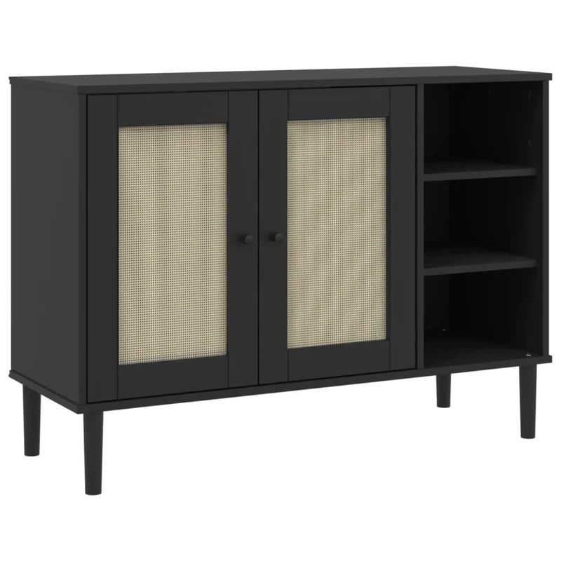 Buffet bahut commode armoire meuble de rangement organisateur cuisine salle de séjour salon aspect rotin 112 x 40 x 80cm bois massif de pin noir 02_0036236