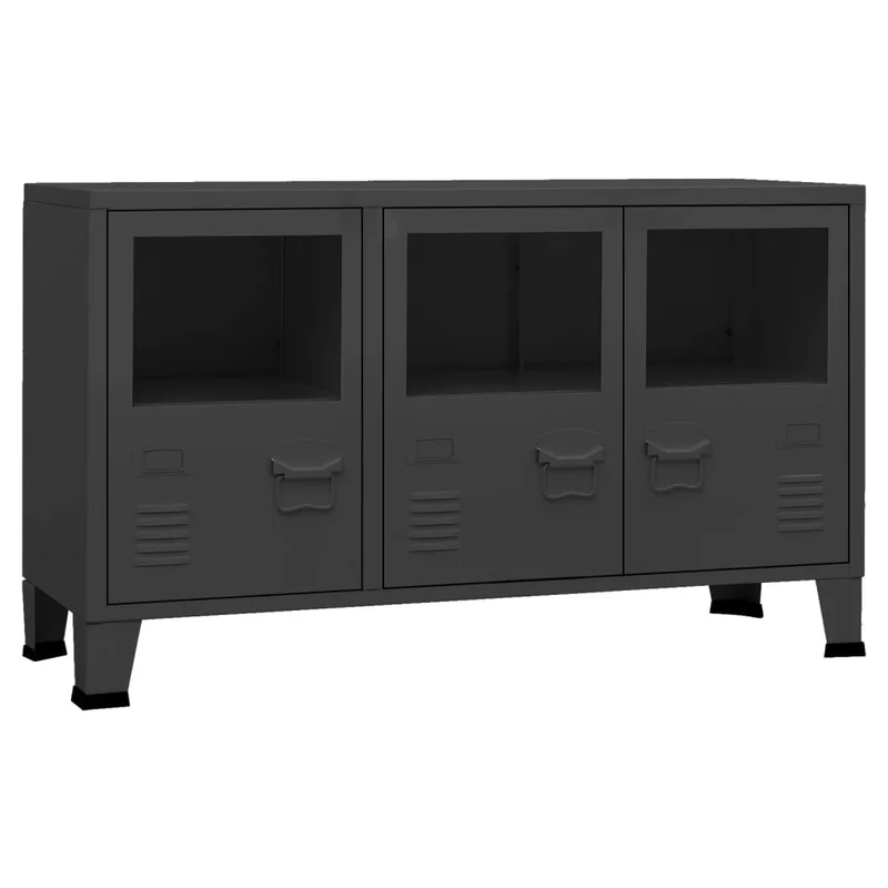 Buffet bahut commode armoire meuble de rangement organisateur cuisine salle de séjour salon industriel 105 x 35 x 62 cm métal et verre noir 02_0035680