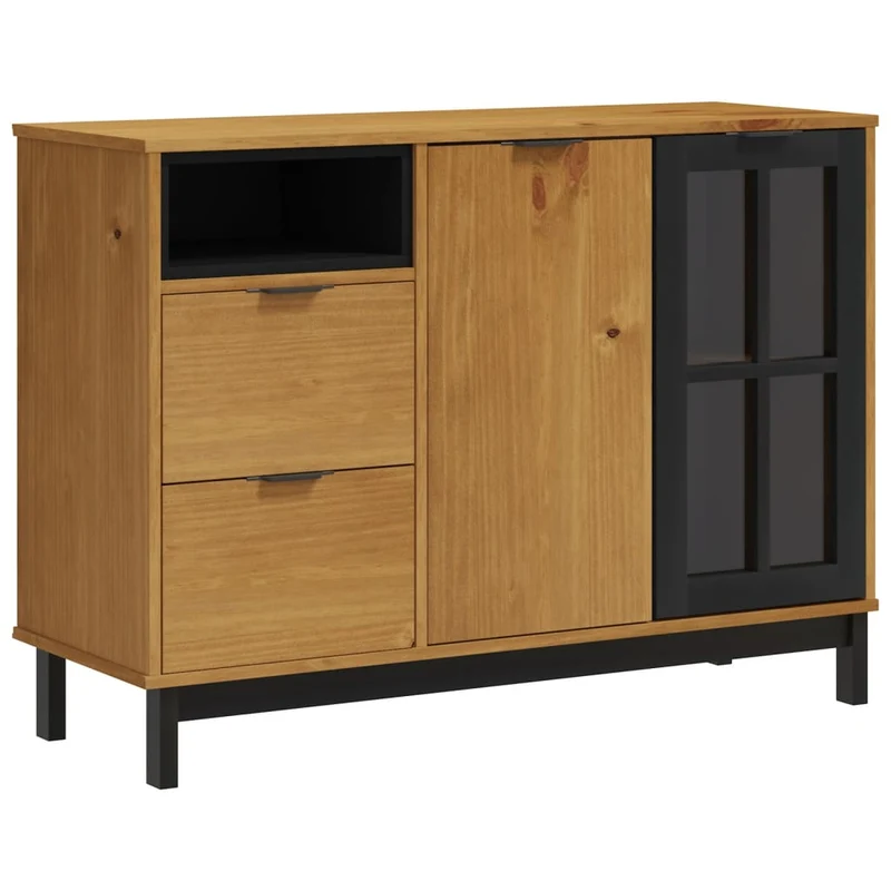 Buffet bahut commode armoire meuble de rangement organisateur cuisine salle de séjour salon avec porte vitrée FLAm 110 x 40 x 80 cm bois massif de pin marron 02_0030103