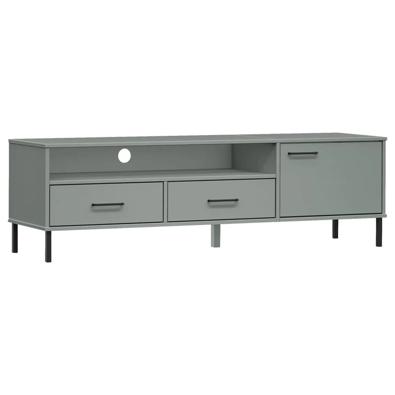 Meuble TV multimédia étagère télévision buffet téléviseur salle à manger salon chambre avec pieds en métal bois de pin massif OSLO gris 02_0026865