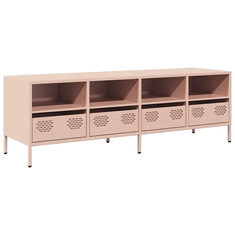 Meuble TV industriel moderne avec 4 compartiments 135 x 39 x 43 cm en acier laminé à froid rose 02_0049751