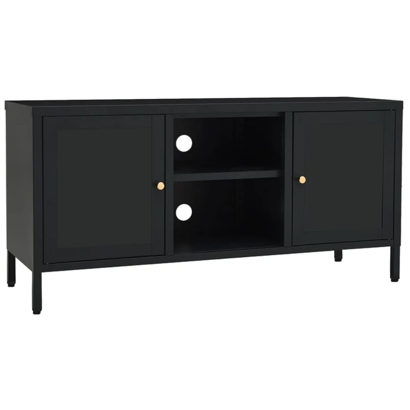 Meuble TV multimédia étagère télévision buffet téléviseur salle à manger salon chambre 105 x 35 x 52 cm Acier et verre noir 02_0025694
