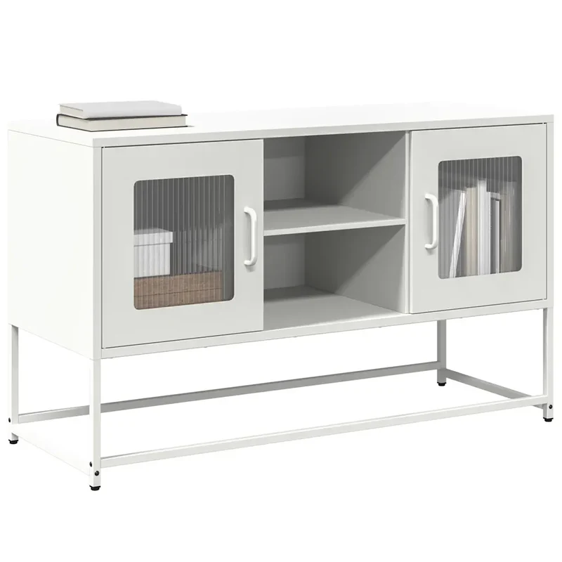 Meuble TV moderne avec rangement 100,5 x 39 x 60,5 cm finition épurée en acier blanc 02_0049873