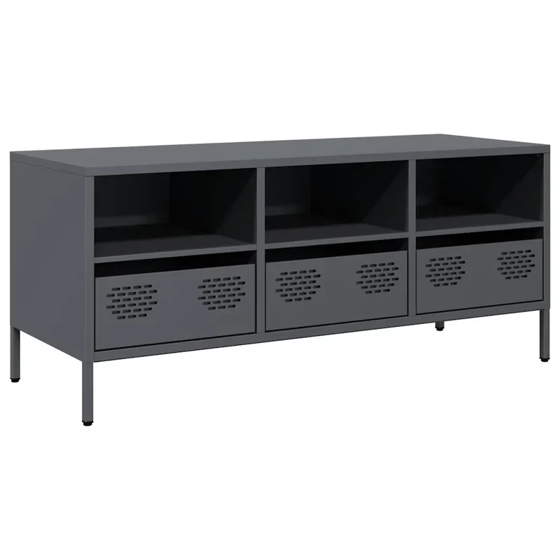 Meuble TV robuste industriel avec rangement 101,5 x 39 x 43,5 cm en acier laminé à froid anthracite 02_0049747