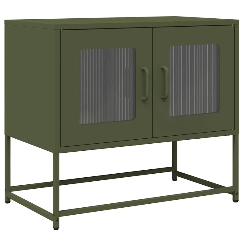 Meuble TV multifonctionnel avec poignées et grand espace de rangement 68 x 39 x 60 cm en acier laminé à froid vert olive 02_0049864