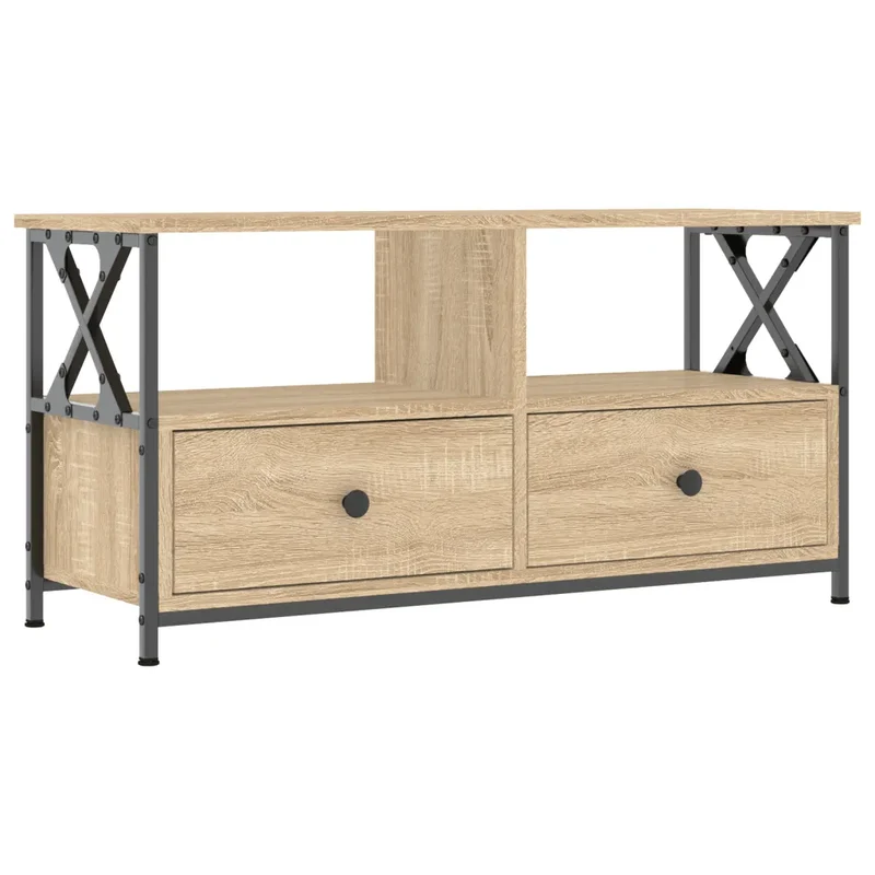 Meuble TV industriel avec espace de rangement 90 x 33 x 45 cm en bois d'ingénierie chêne sonoma 02_0049181