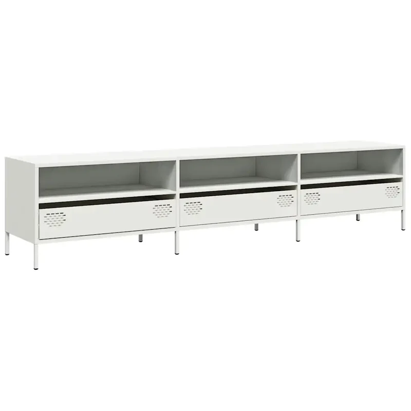 Meuble TV design industriel 202 x 39 x 43 cm espace de rangement 3 tiroirs chic en acier laminé à froid blanc 02_0049760