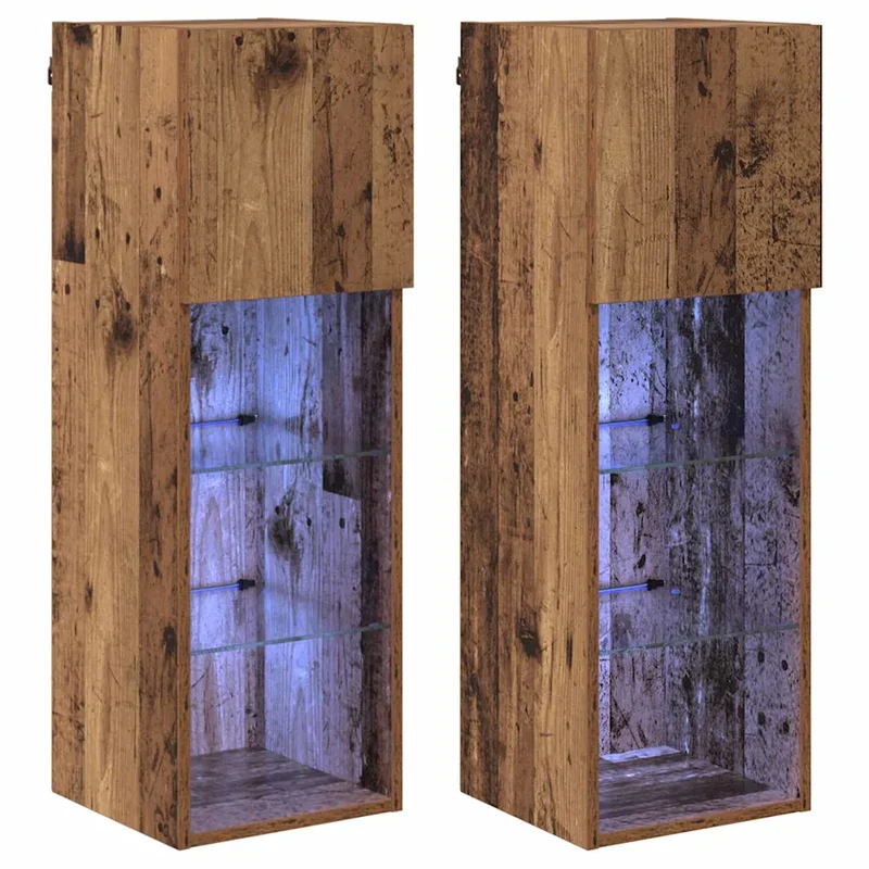 Lot de 2 meubles TV muraux design moderne 30,5 x 30 x 90 cm avec éclairage LED ambiance contemporaine en bois ancien 02_0052811