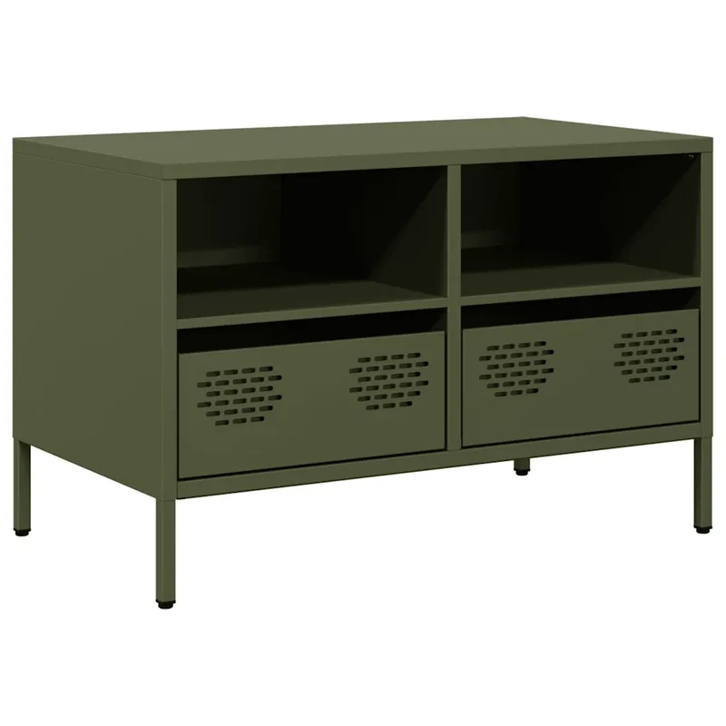 Meuble TV industriel avec rangement 68 x 39 x 43 cm 2 tiroirs et 2 compartiments en acier laminé à froid vert olive 02_0049743