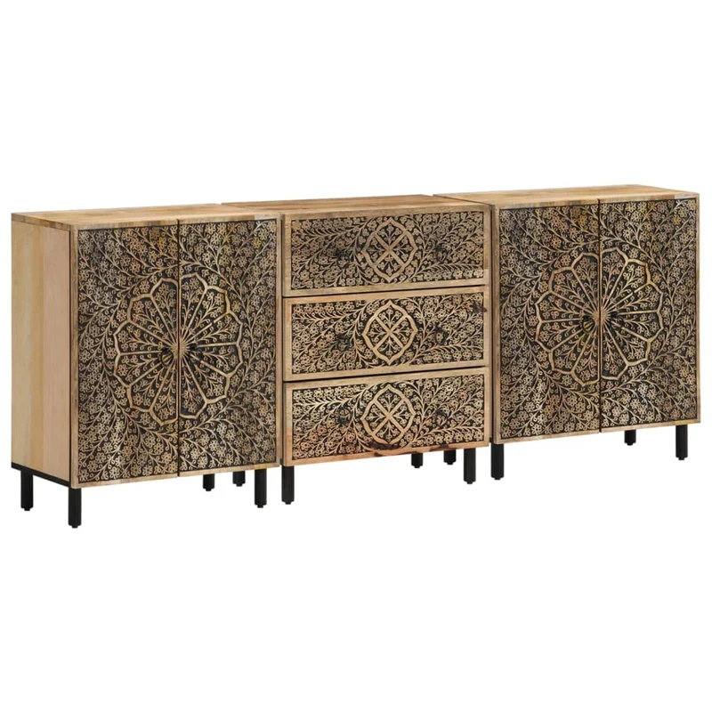 Lot de 3 armoires latérales rétro avec grand espace de rangement 60 x 33 x 75 cm en bois massif de manguier 02_0055510