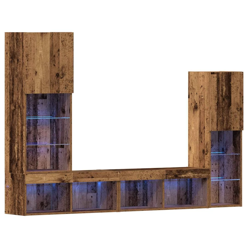 Meuble TV mural moderne 190,5 x 30 x 132 cm avec étagères LED ambiance cosy en bois d'ingénierie ancien 02_0055927
