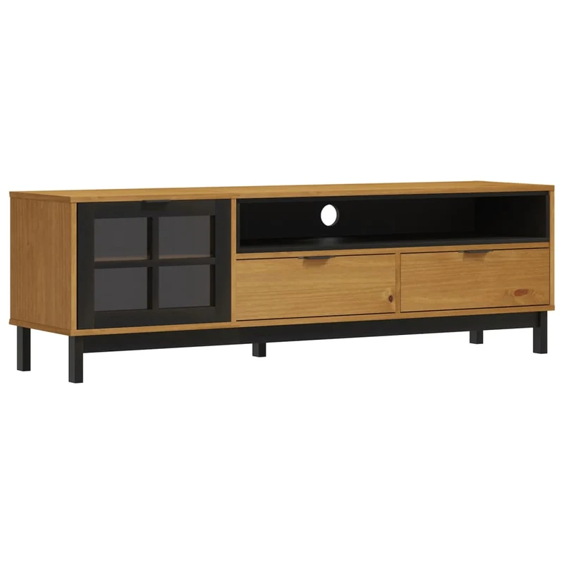 Meuble TV multimédia étagère télévision buffet téléviseur salle à manger salon chambre avec porte vitrée FLAM 158 x 40 x 50cm bois massif de pin brun 02_0026889