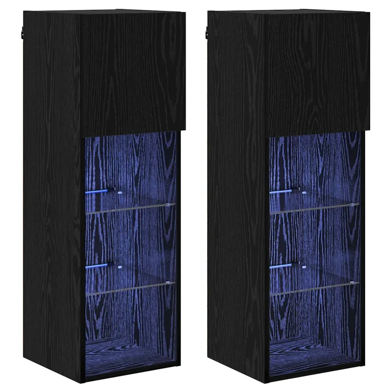 Lot de 2 meubles TV muraux modernes 30,5 x 30 x 90 cm design épuré ambiance cosy en bois d'ingénierie noir 02_0052815