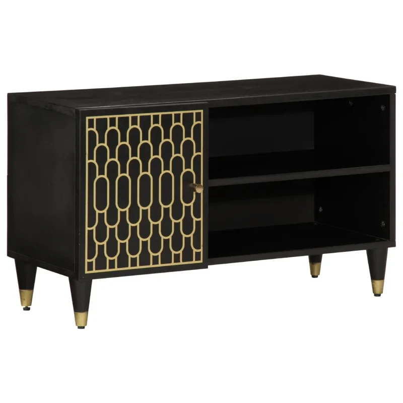 Meuble TV rétro avec rangement spacieux 80 x 31,5 x 46 cm en bois massif noir 02_0047325